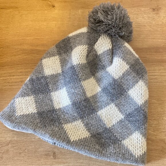 Gray & White Gingham Knit Beanie With Pom-Pom & Soft Fleece Lining - Picture 1 of 5